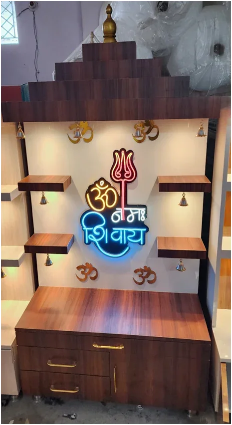 ARTOFINDIA/Beautiful Brown & White Wooden Mandir With Neon Lights (Om Nama Shivay) & Shelfs For Home /Designer Temple