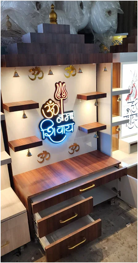 ARTOFINDIA/Beautiful Brown & White Wooden Mandir With Neon Lights (Om Nama Shivay) & Shelfs For Home /Designer Temple