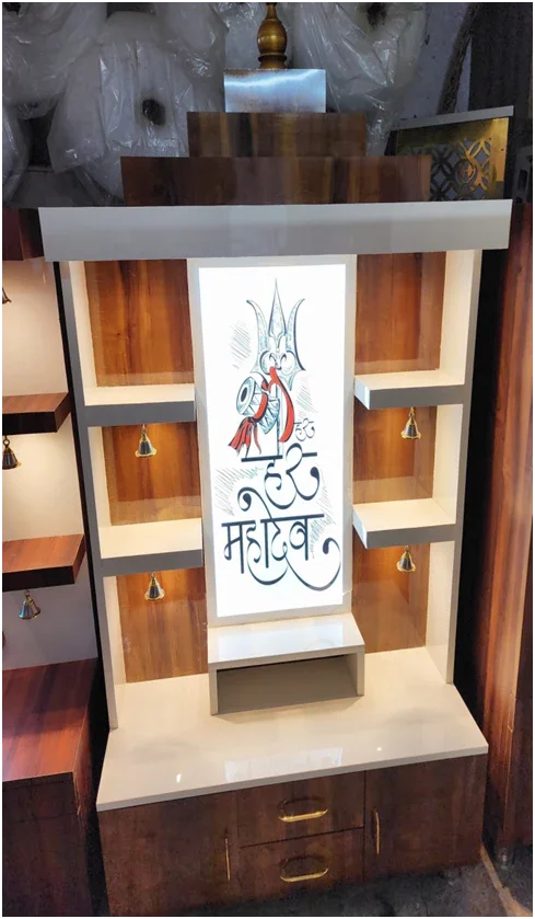 ARTOFINDIA/Beautiful Brown & White Wooden Mandir With Designer (Har Mahadev) Photo & Shelfs For Home /Designer Temple
