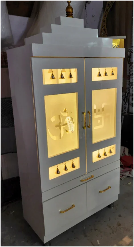 ARTOFINDIA/Stunning White Wooden Mandir With Designer Glass Doors, Shelf & Bells For Home /Designer Temple