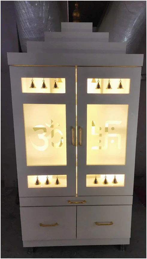 ARTOFINDIA/Stunning White Wooden Mandir With Designer Glass Doors, Shelf & Bells For Home /Designer Temple