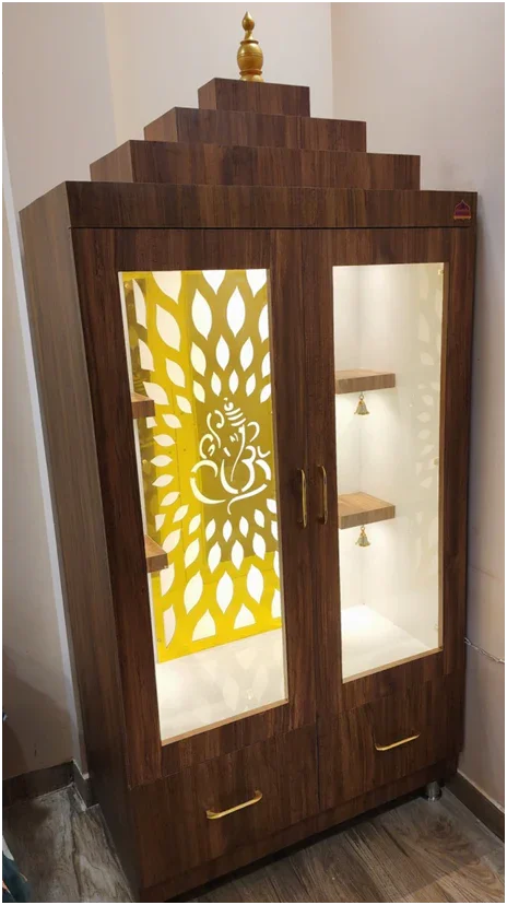 ARTOFINDIA/Beautiful Brown Wooden Designer Mandir (Ganesha) With Glass Doors & Shelfs For Home /Designer Temple