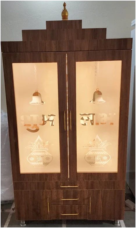 ARTOFINDIA/Elegant Brown Designer Wooden Mandir With Designer (SHUBH~LABH) Glass Doors & Shelfs For Home /Designer Temple