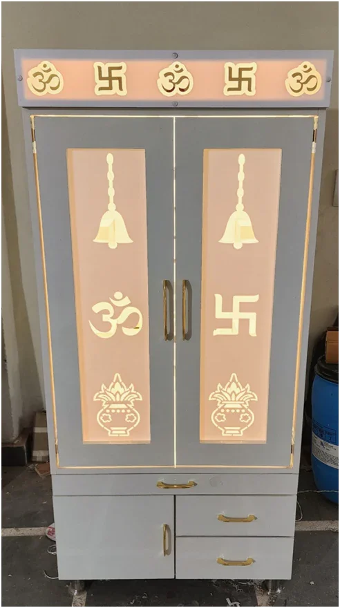 ARTOFINDIA/Beautiful White Designer Wooden Mandir With (POCKET) Doors & Shelfs For Home/Designer Temple