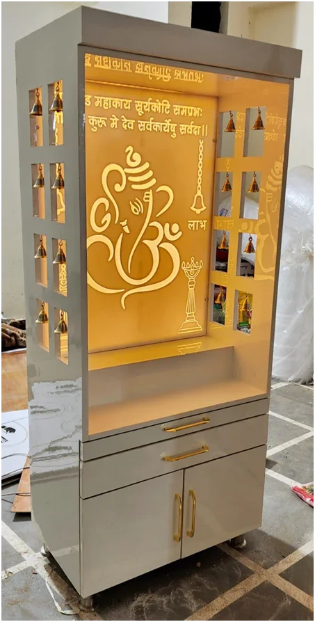 ARTOFINDIA/ Beautiful White Designer Wooden Mandir With Corian GANESHA Photo & Side Bells For Home/Designer Temple