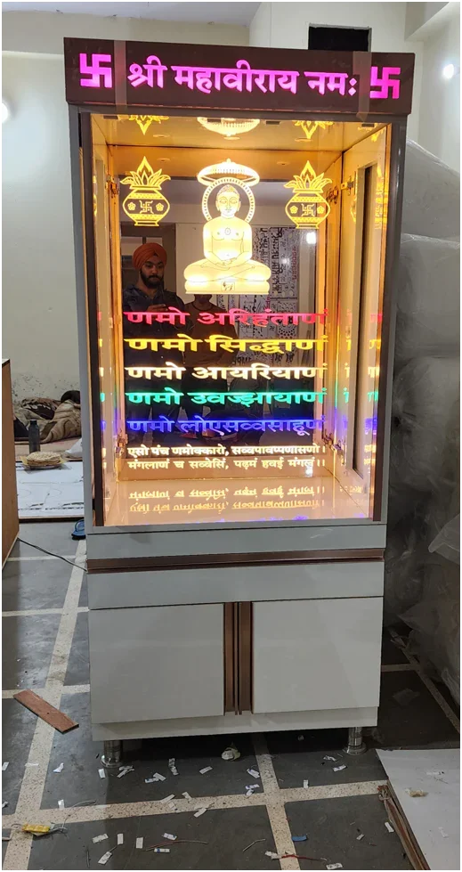 ARTOFINDIA/ Beautiful White Designer Wooden Mandir (JAIN Religion) With Glass Back (Jain Namokar Mantra) Designed (Pocket) Glass Doors For Home/Designer Temple