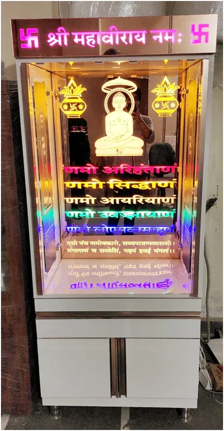 ARTOFINDIA/ Beautiful White Designer Wooden Mandir (JAIN Religion) With Glass Back (Jain Namokar Mantra) Designed (Pocket) Glass Doors For Home/Designer Temple