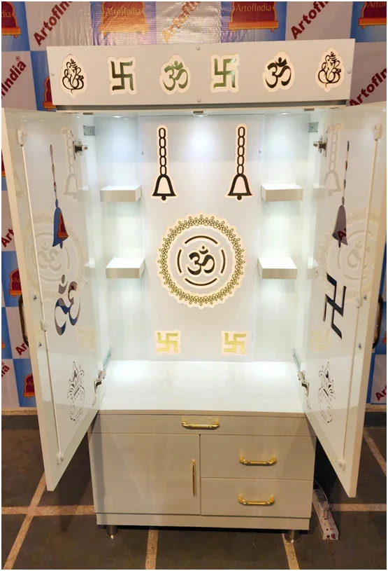 ARTOFINDIA/ Beautiful White Designer Wooden Mandir With Pocket (Om, Ghanti & kalas) Acrylic Doors For Home/Designer Temple