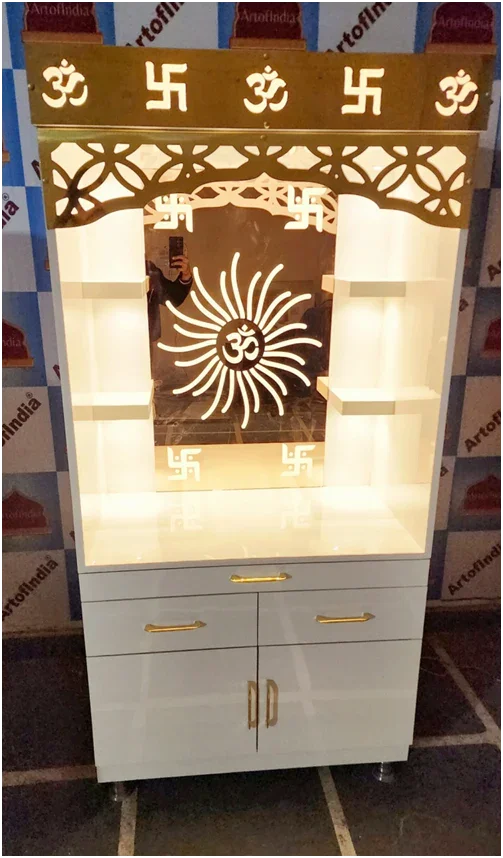 ARTOFINDIA/ Elegant Designer White Wooden Mandir Glass (OM) Design Back With (Front) Jali For Home/Designer Temple