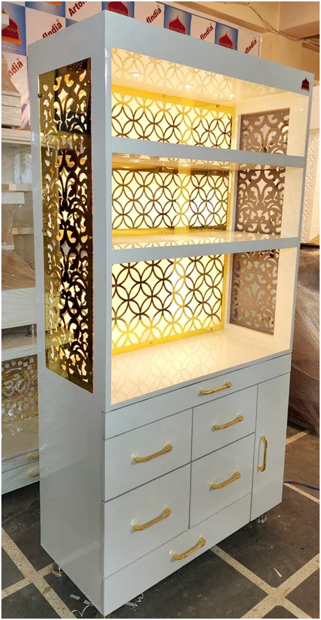 ARTOFINDIA/ Beautiful Designer White Wooden Mandir (Golden Color Side Jali) With Big Wide Shelfs For Home/Designer Temple