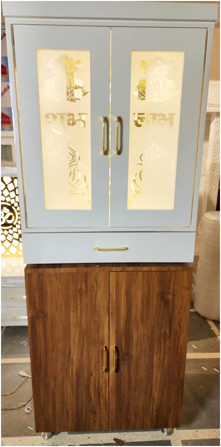 ARTOFINDIA/ Beautiful White & Brown Wooden (OM) Designer Mandir With Pocket (Shubh Labh & Kalas) Designed Glass Doors For Home/Designer Temple