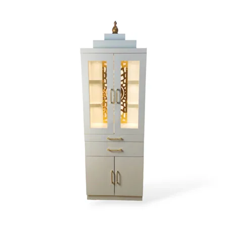 ARTOFINDIA/Brilliant White Designer Wooden Mandir (PVC Buffered) With Glass Doors & Shelfs For Home/ Designer Temple