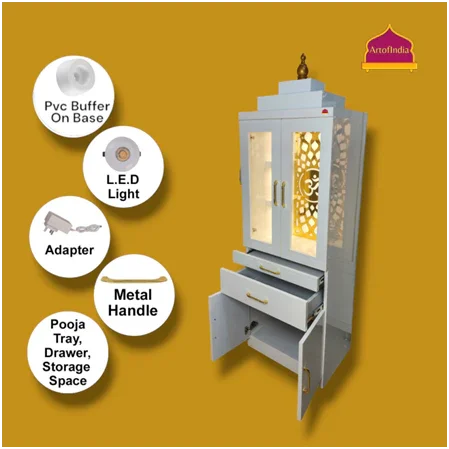 ARTOFINDIA/Brilliant White Designer Wooden Mandir (PVC Buffered) With Glass Doors & Shelfs For Home/ Designer Temple