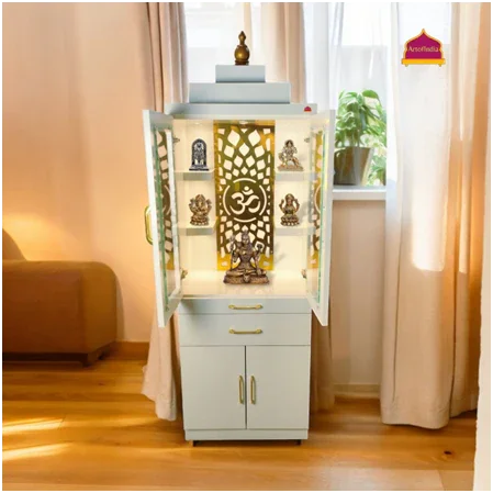 ARTOFINDIA/Brilliant White Designer Wooden Mandir (PVC Buffered) With Glass Doors & Shelfs For Home/ Designer Temple