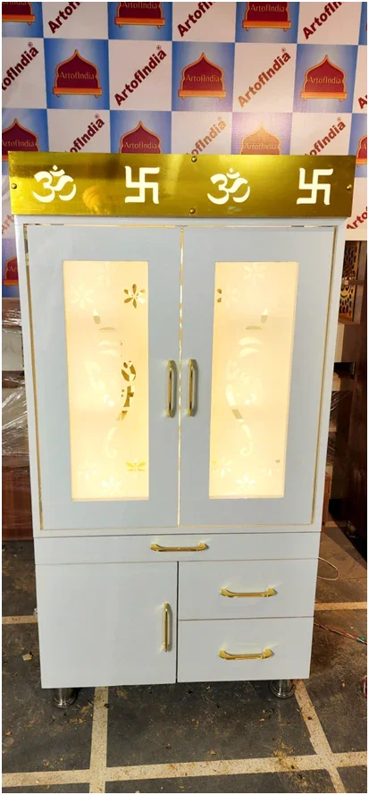 ARTOFINDIA Beautiful White Designer Wooden Mandir With Pocket Glass Doors (Ganesha) & Shelfs For Home/ Designer Temple