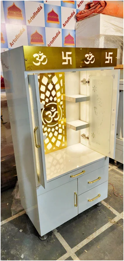 ARTOFINDIA Beautiful White Designer Wooden Mandir With Pocket Glass Doors (Ganesha) & Shelfs For Home/ Designer Temple