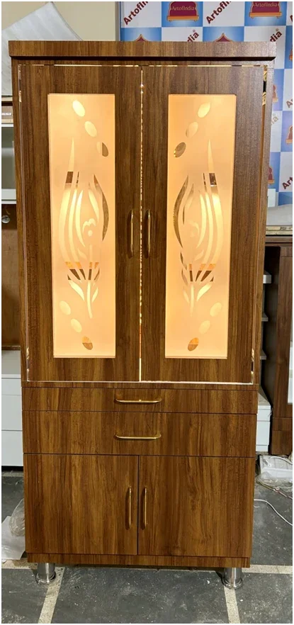 ARTOFINDIA Elegant Brown Designer Wooden Mandir With Glass Backlight (OM), Pocket Glass Doors (Mor pankh) & Shelfs For Home/ Designer Temple