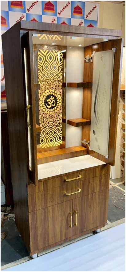 ARTOFINDIA Elegant Brown Designer Wooden Mandir With Glass Backlight (OM), Pocket Glass Doors (Mor pankh) & Shelfs For Home/ Designer Temple