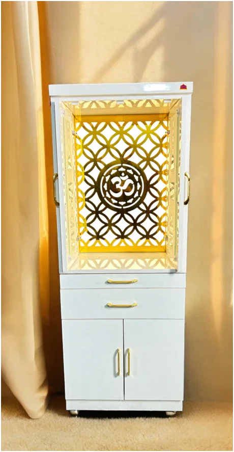 ARTOFINDIA Elegant White Designer Wooden Mandir With Side Golden Jali & Glass Pocket Doors For Home/ Designer Temple
