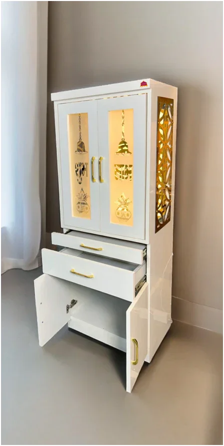 ARTOFINDIA Elegant White Designer Wooden Mandir With Side Golden Jali & Glass Pocket Doors For Home/ Designer Temple