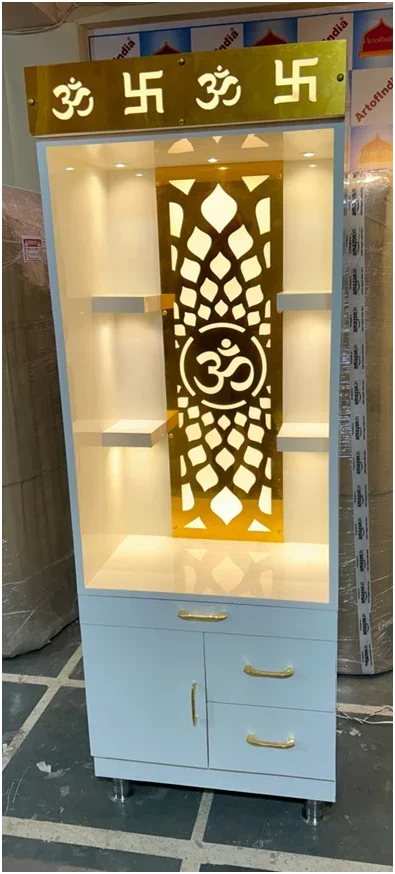 ARTOFINDIA Elegant White Designer Wooden Mandir (OM & Swastik) With Shelfs For Home/ Designer Temple