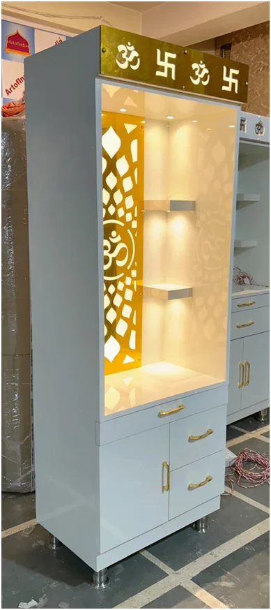 ARTOFINDIA Elegant White Designer Wooden Mandir (OM & Swastik) With Shelfs For Home/ Designer Temple