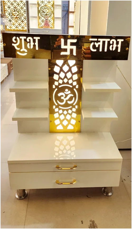 ARTOFINDIA Elegant White Designer Wooden Foldable Parts Mandir (Shubh - Labh) With Shelfs For Home/ Designer Temple
