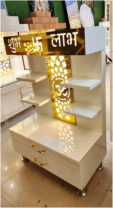 ARTOFINDIA Elegant White Designer Wooden Foldable Parts Mandir (Shubh - Labh) With Shelfs For Home/ Designer Temple