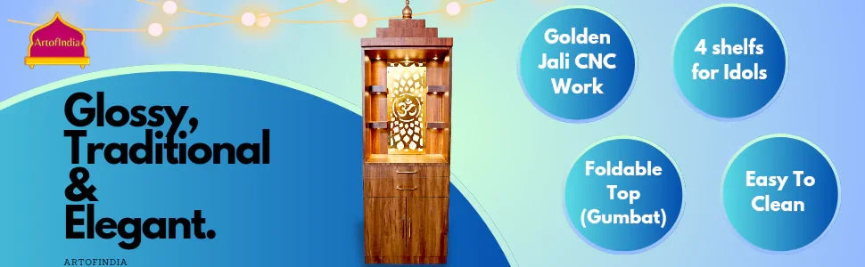 ARTOFINDIA Brown Wooden Pooja Mandir for Home/Temple for Office/Pooja Mandir with Om Golden Jali LED Warm White Light & 4 shelfs