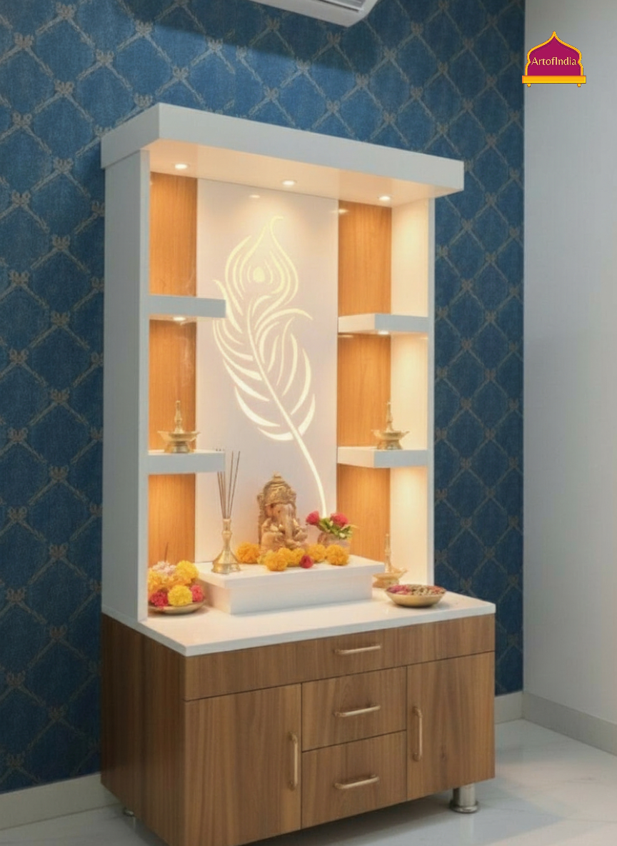 ARTOFINDIA White Wooden Pooja Mandir With Mor Pankh Design Glass and Drawers Included Tray