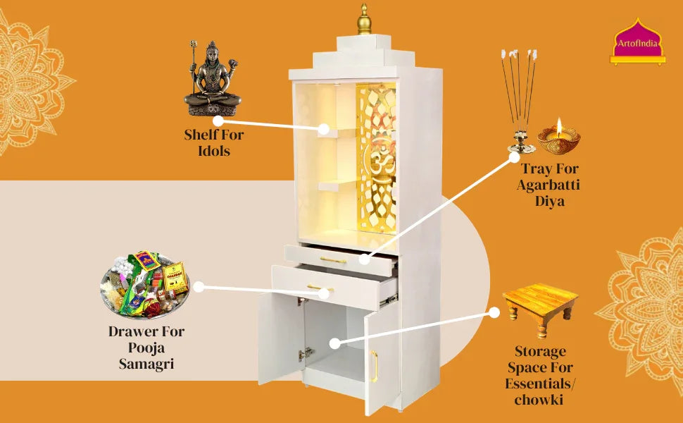 ARTOFINDIA White Wooden Pooja Mandir for Home/Temple for Office/Pooja Mandir with Om Golden Jali LED Warm White Light & 4 shelfs