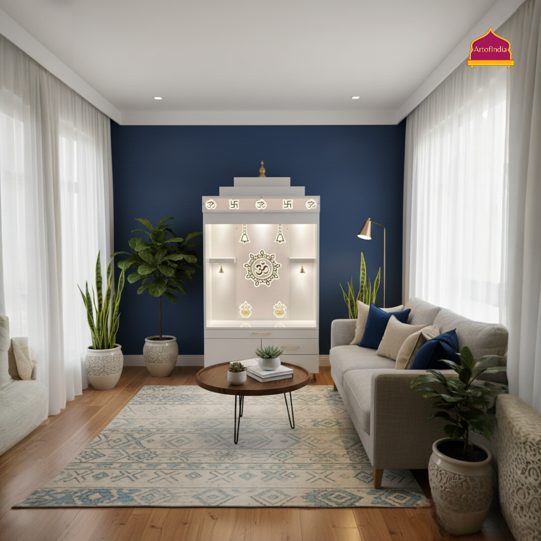 ARTOFINDIA White Wooden Pooja Mandir With Om Acralyic With Drawers Included Tray