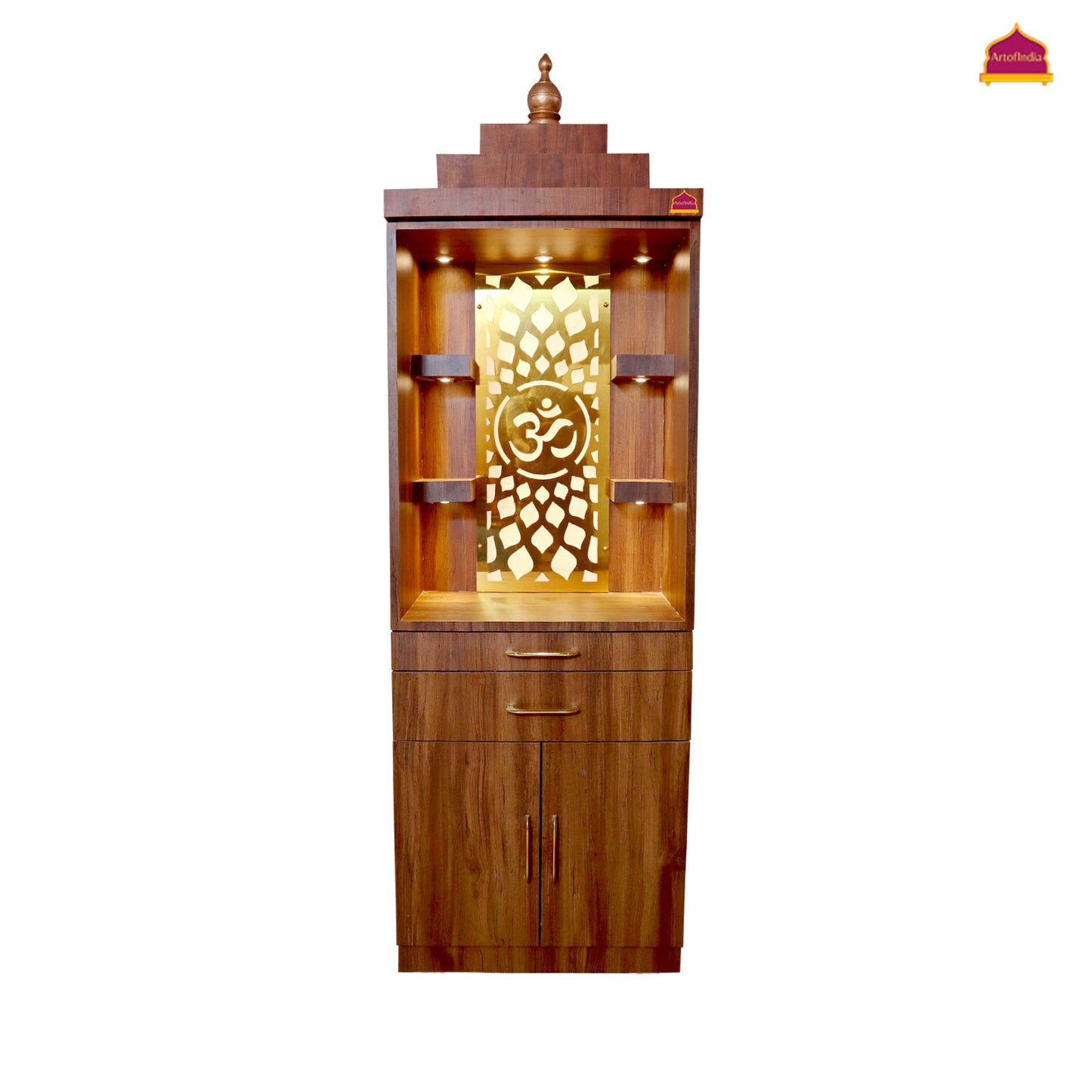 ARTOFINDIA Brown Wooden Pooja Mandir for Home/Temple for Office/Pooja Mandir with Om Golden Jali LED Warm White Light & 4 shelfs