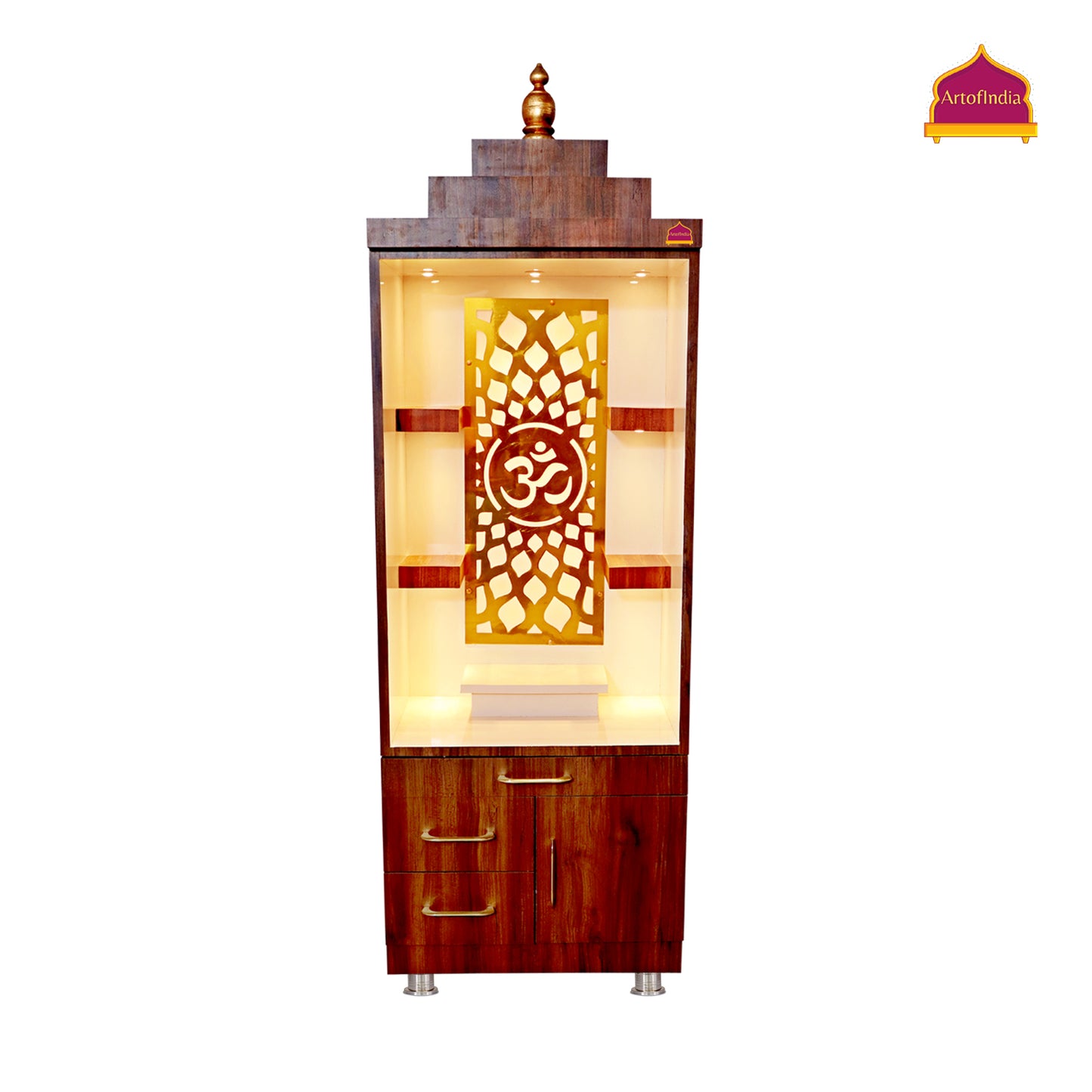 ARTOFINDIA Brown & White Wooden Pooja Mandir for Home/Temple for Home and Office/Pooja Mandir with Om LED Warm White Light & 4 shelfs