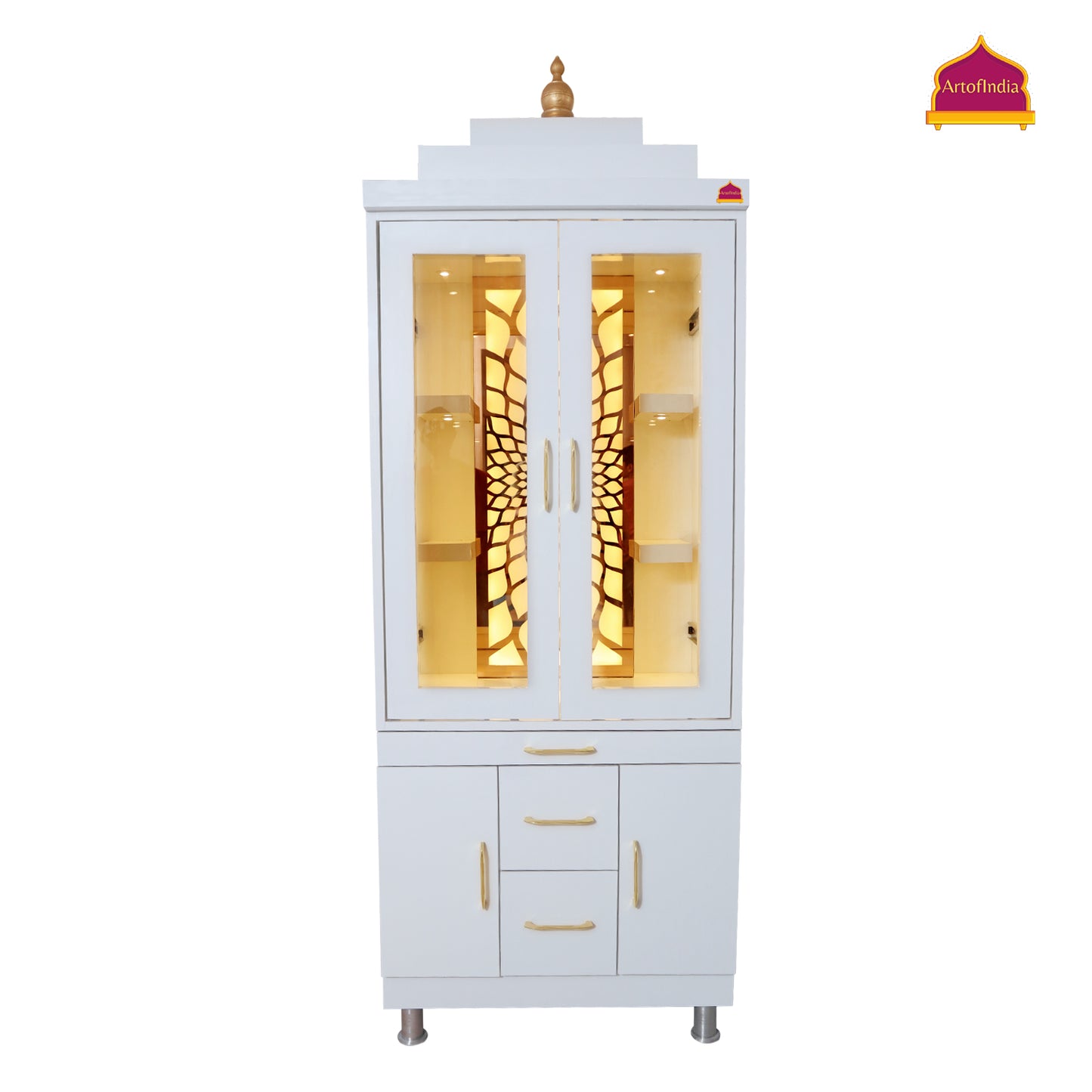 ARTOFINDIA/Elegant White Wooden Mandir With Designer Pocket Sliding Door For Home /Designer Temple