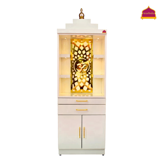 ARTOFINDIA White Wooden Pooja Mandir for Home/Temple for Office/Pooja Mandir with Om Golden Jali LED Warm White Light & 4 shelfs