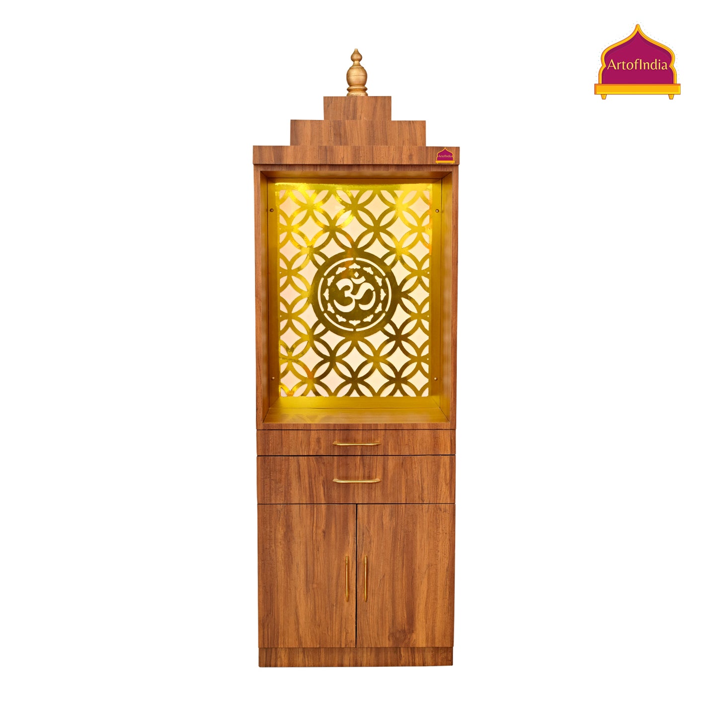 ARTOFINDIA Beautiful Wooden Pooja Mandir for Home/Temple for Home and Office/Pooja Mandir for Home and Office with Om LED Warm White Light