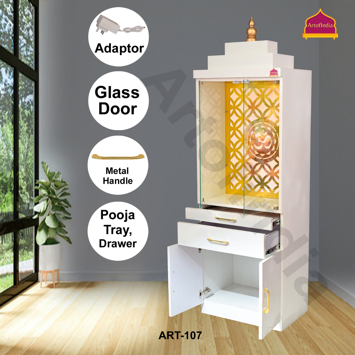 ARTOFINDIA Designer Wooden Glass Door Mandir for Home/Office Pooja Mandir with Beautifull Lights