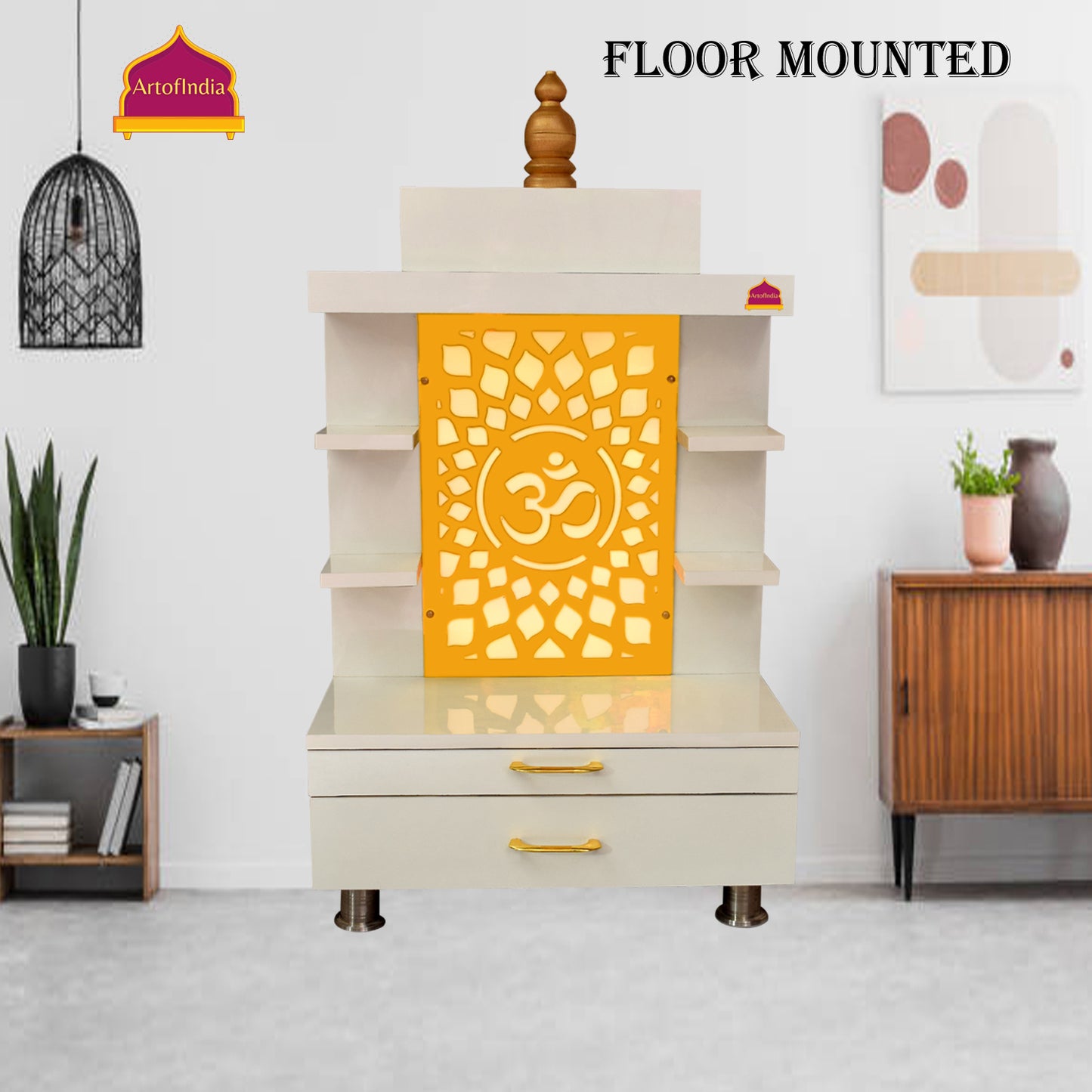 ARTOFINDIA Designer Wooden Temple,Wall Hanging & Floor Mounted,  Wooden Mandir for Home and Office with warm white Lights