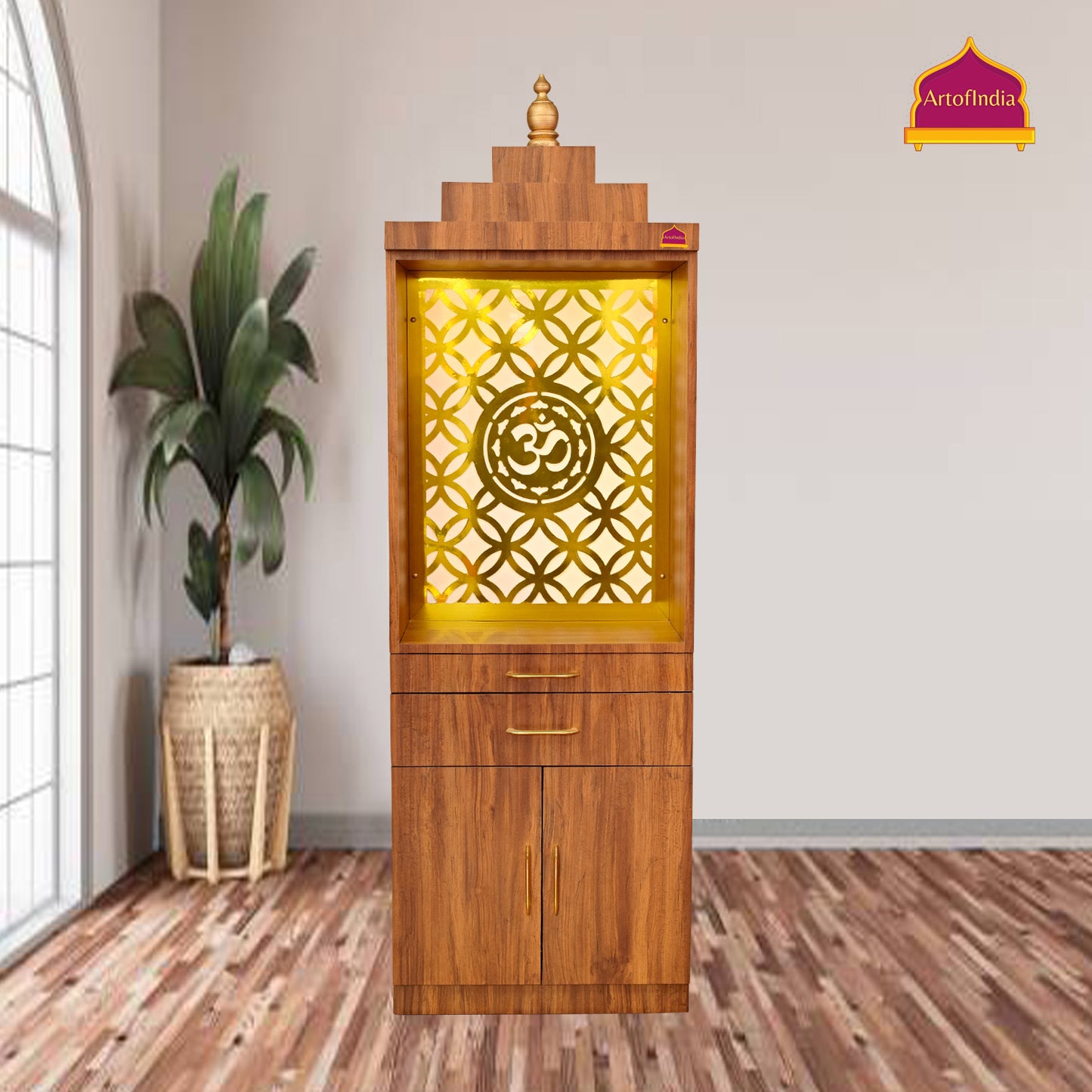 ARTOFINDIA Beautiful Wooden Pooja Mandir for Home/Temple for Home and Office/Pooja Mandir for Home and Office with Om LED Warm White Light