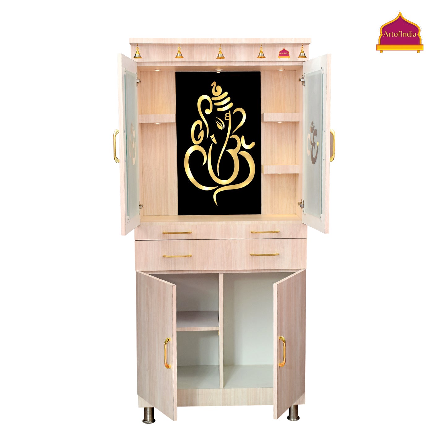 ARTOFINDIA Wooden Beautiful Glass Door Temple with Ganesha Glass Glow with Warm White Light Fully Assembled 3 Shelf to Place God Idols