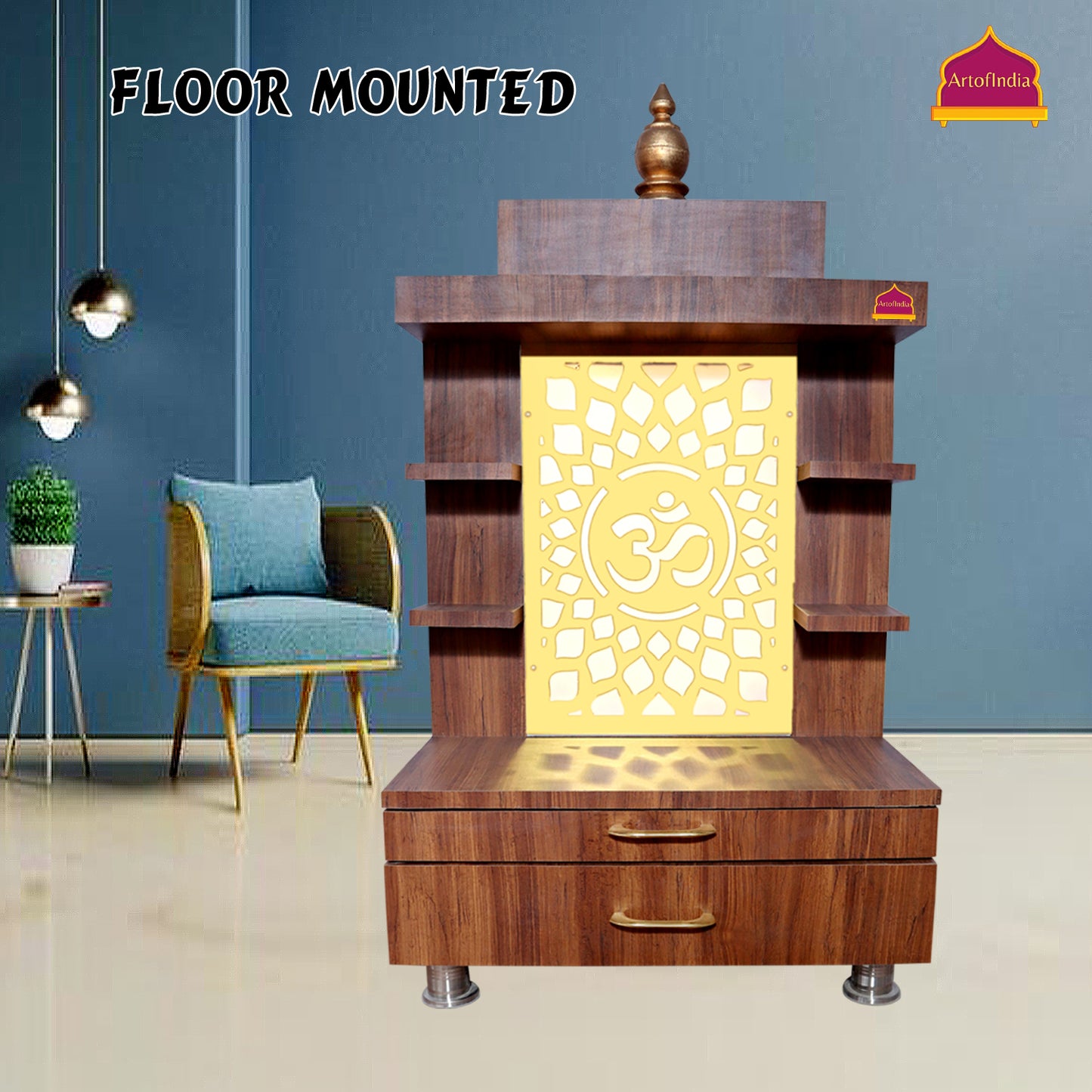 ARTOFINDIA Designer Wooden Temple Brown, Decorative Wooden Mandir with Beautifull Lights