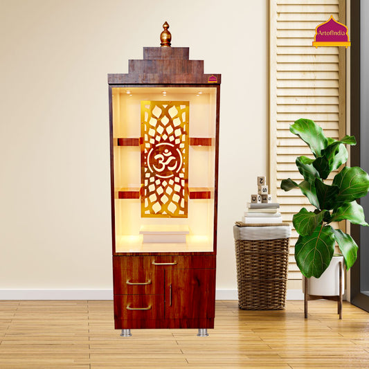 ARTOFINDIA Brown & White Wooden Pooja Mandir for Home/Temple for Home and Office/Pooja Mandir with Om LED Warm White Light & 4 shelfs