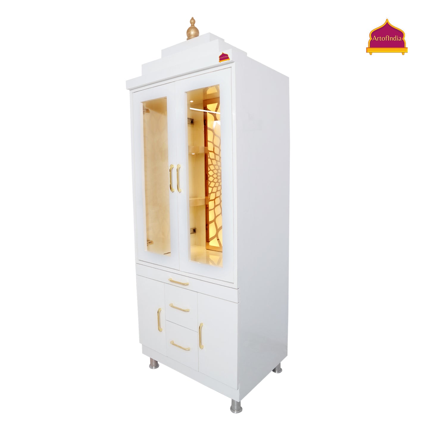 ARTOFINDIA/Elegant White Wooden Mandir With Designer Pocket Sliding Door For Home /Designer Temple