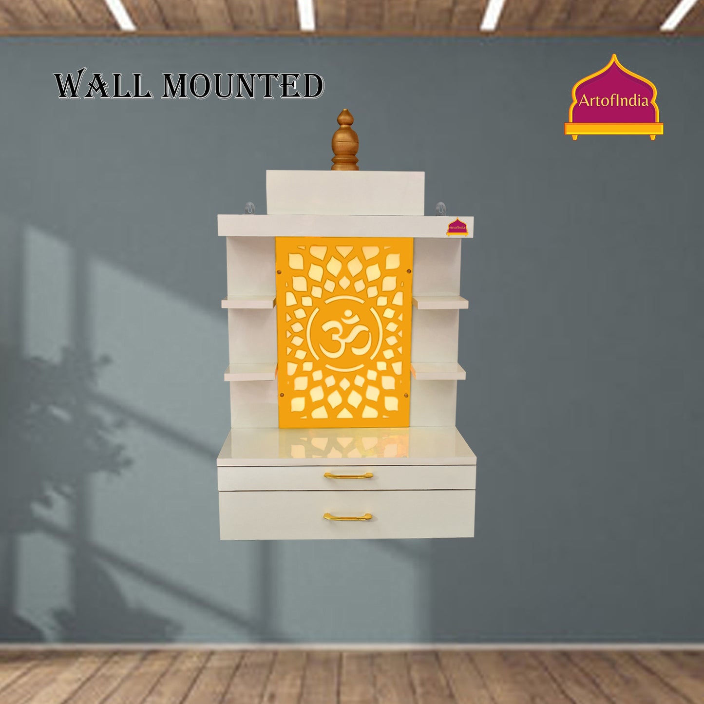 ARTOFINDIA Designer Wooden Temple,Wall Hanging & Floor Mounted,  Wooden Mandir for Home and Office with warm white Lights