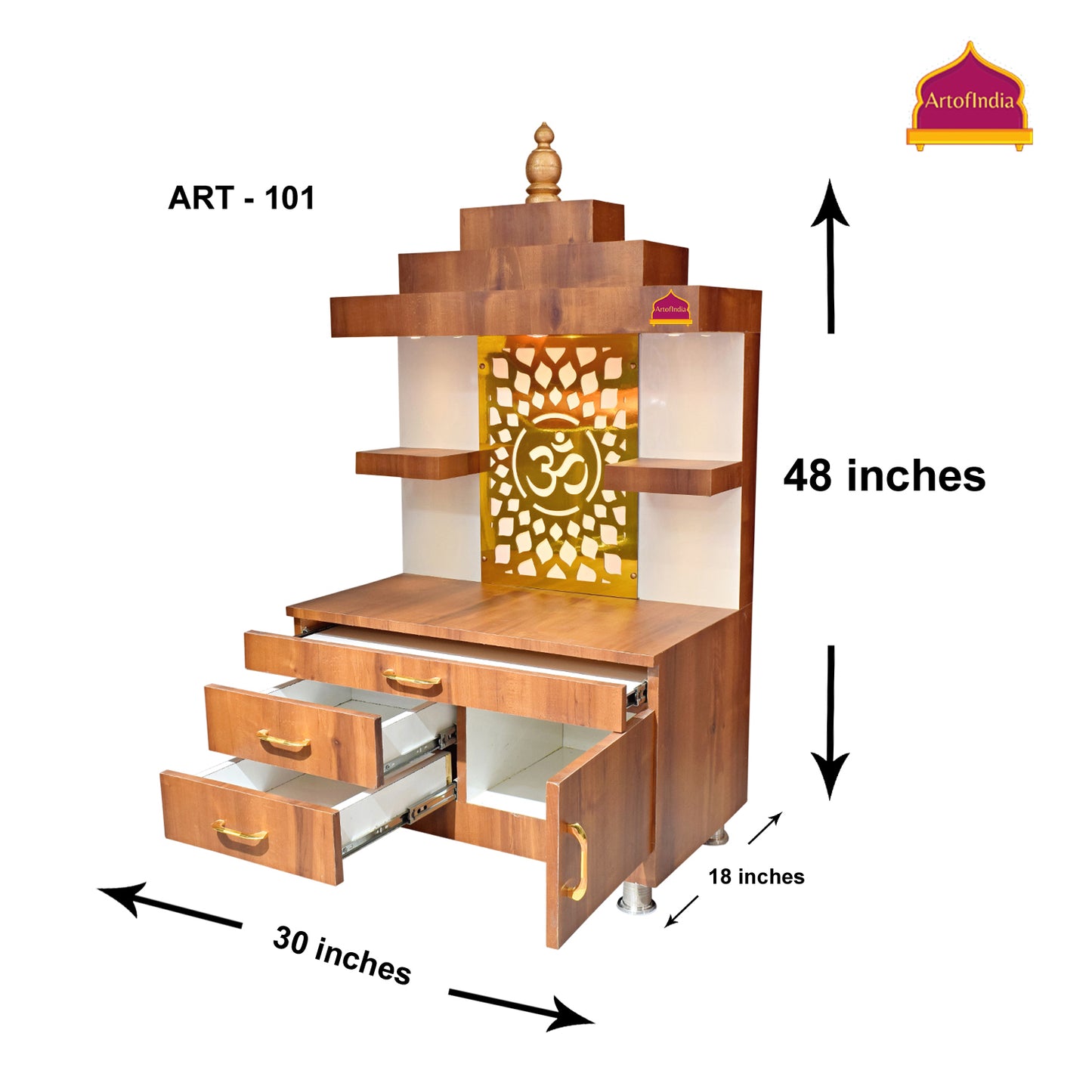 ARTOFINDIA Designer Wooden Temple, Wooden Mandir for Home, Floor Mounted Mandir with Lights