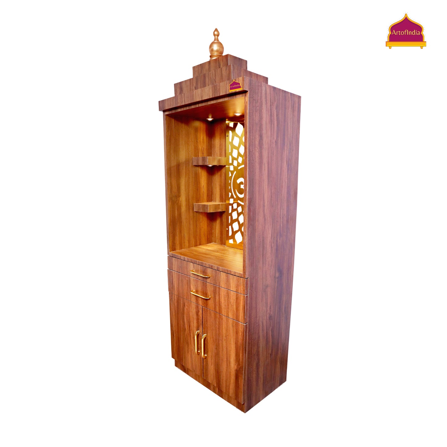 ARTOFINDIA Brown Wooden Pooja Mandir for Home/Temple for Office/Pooja Mandir with Om Golden Jali LED Warm White Light & 4 shelfs