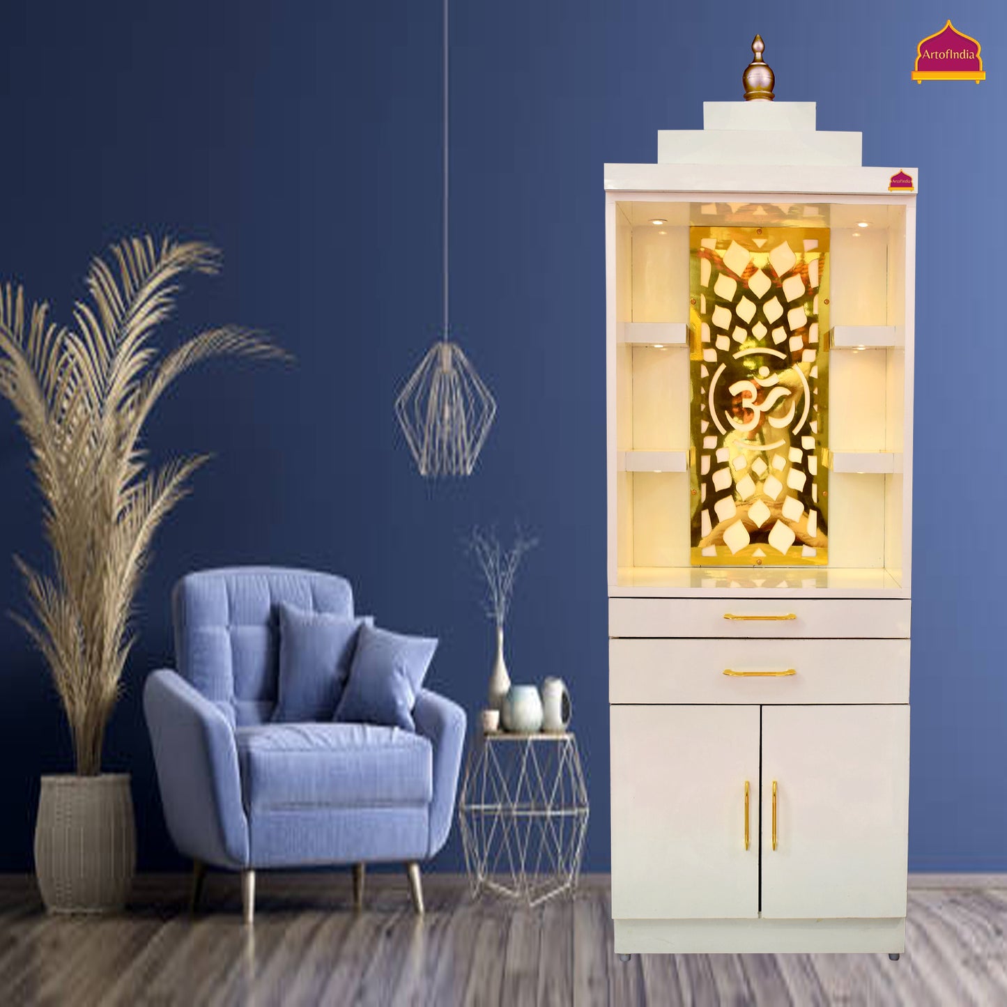 ARTOFINDIA White Wooden Pooja Mandir for Home/Temple for Office/Pooja Mandir with Om Golden Jali LED Warm White Light & 4 shelfs