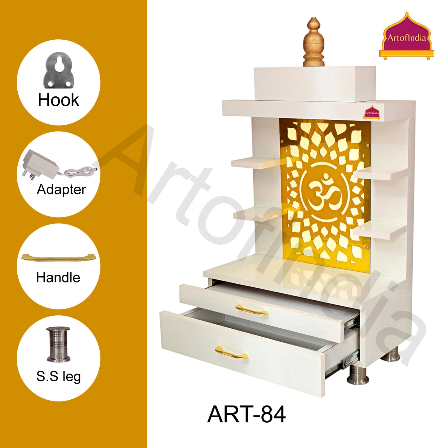 ARTOFINDIA Designer Wooden Temple,Wall Hanging & Floor Mounted,  Wooden Mandir for Home and Office with warm white Lights