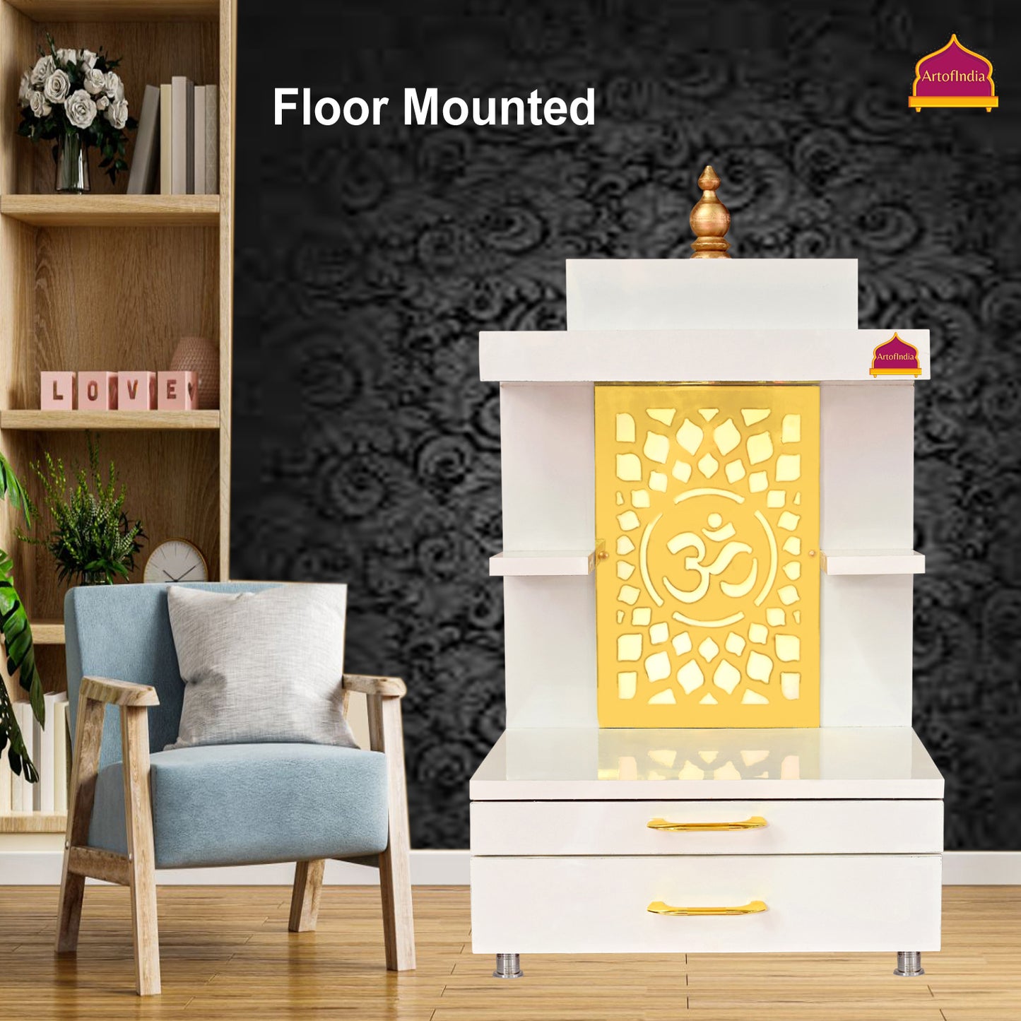 ARTOFINDIA Designer White Wooden Temple, Mandir for Home & Office,Designer Wooden Mandir with Lights Wall Hanging & Floor Mount